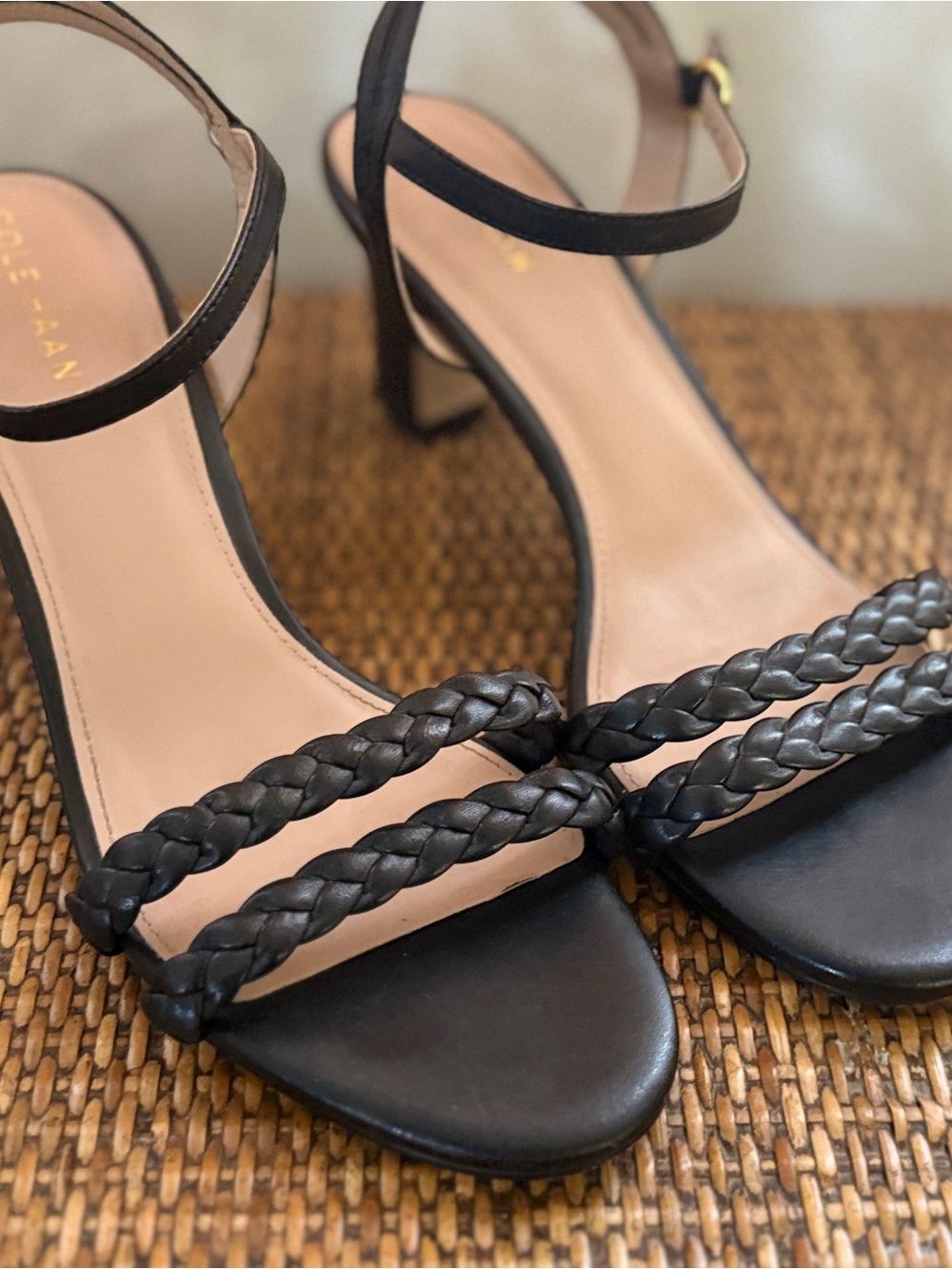 Cole Haan Black Braided-Strap Ankle-Heel Sandals